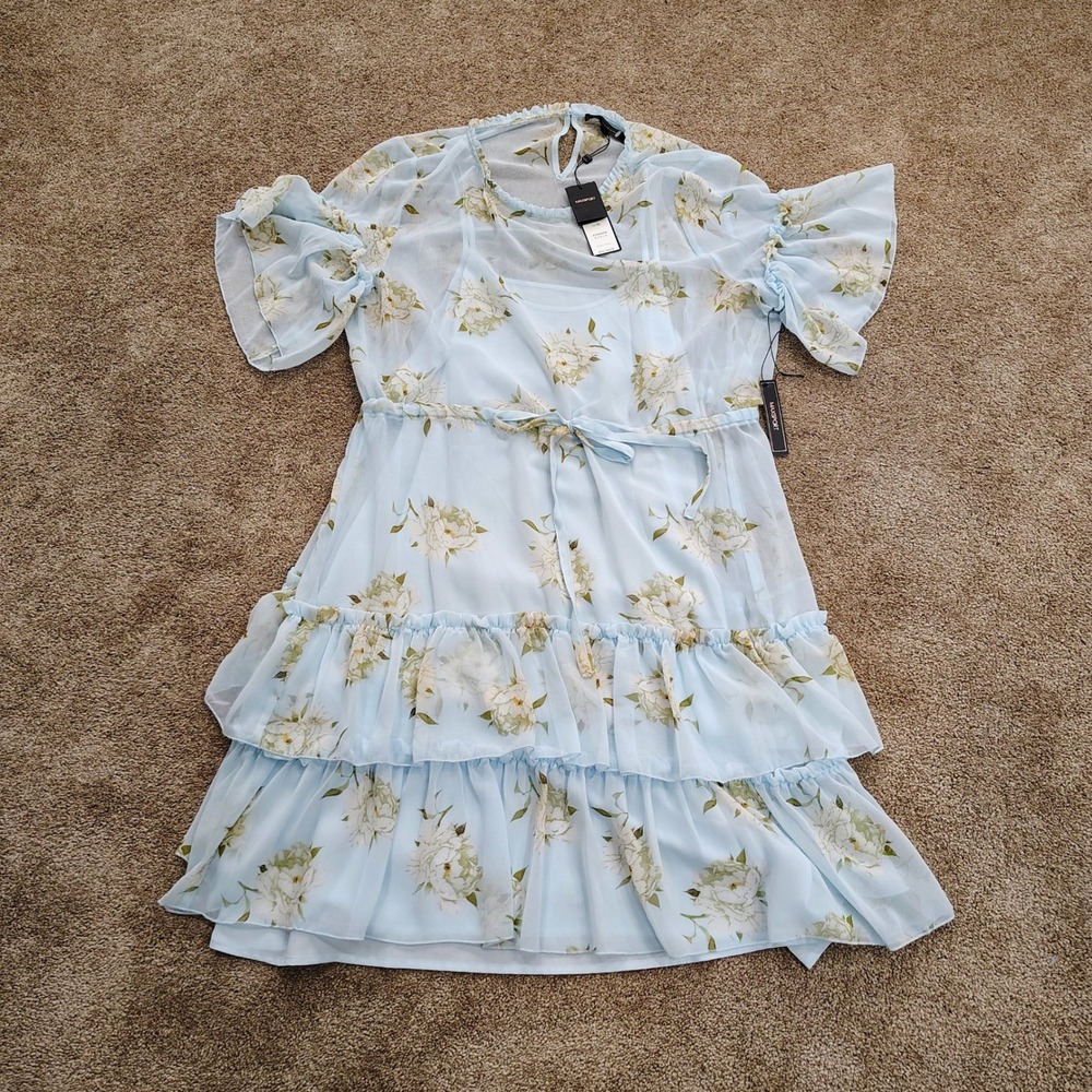 Maxsport Floral Dress Womens XL Blue Ruffle Tiered Chiffon Flutter Coquette - Picture 1 of 7